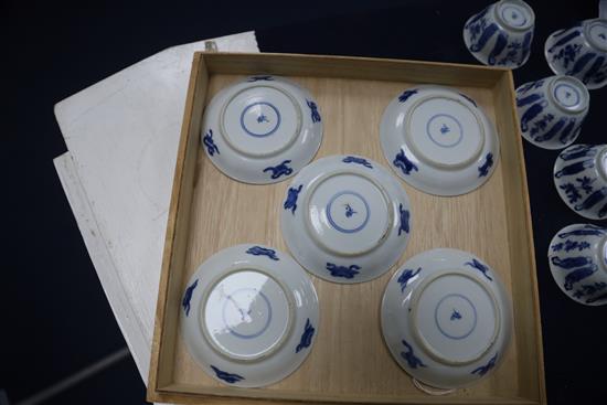 A set of five Chinese blue and white Long Eliza tea bowls and saucers, Kangxi period, saucers 9.7cm diameter, one teabowl repaired